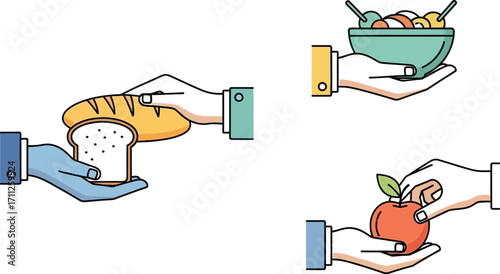 Hands holding food, offering bread, salad, and an apple to someone