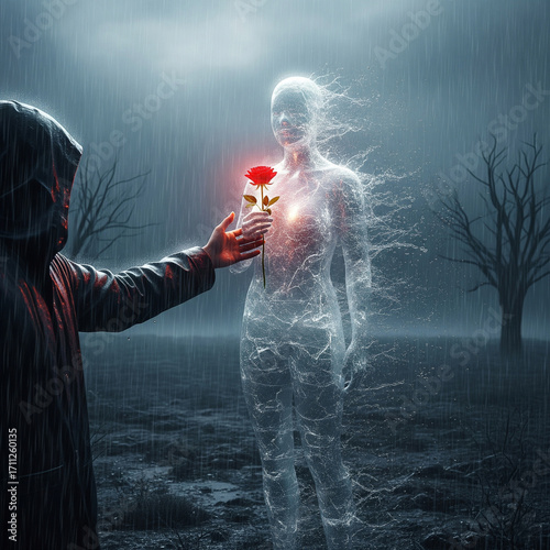 Mysterious hooded figure offering a glowing red rose to a ghostly spirit in the rain, symbolizing love beyond worlds.