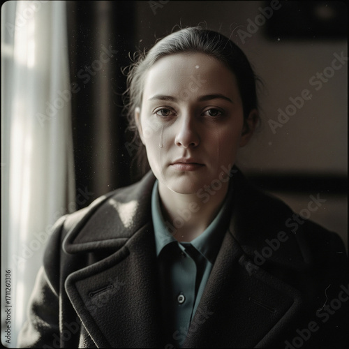 An intimate and somber portrait of a woman showing deep sorrow and vulnerability, her eyes reflecting a sense of loss and melancholy.