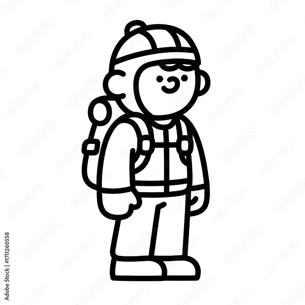 Fototapeta premium Flat black & white outline of a cartoon mountaineer with backpack