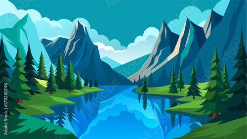 A secluded valley with crystal clear lakes reflecting the towering trees and clear blue skies.