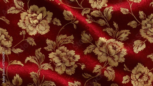 Red fabric with gold floral pattern