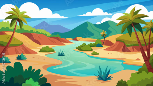 Lush vegetation and a tranquil river oasis create a stark contrast against the unforgiving desert providing a peaceful respite for both humans and wildlife.