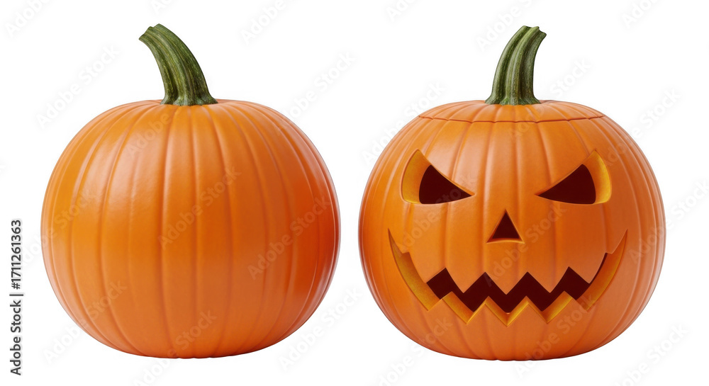 Obraz premium Two pumpkins, one whole and one carved into a jackolantern with a spooky face for halloween isolated on transparent background