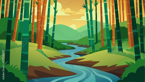 A stream trickles through the heart of the grove with bamboo shoots leaning over it offering a serene and picturesque view.