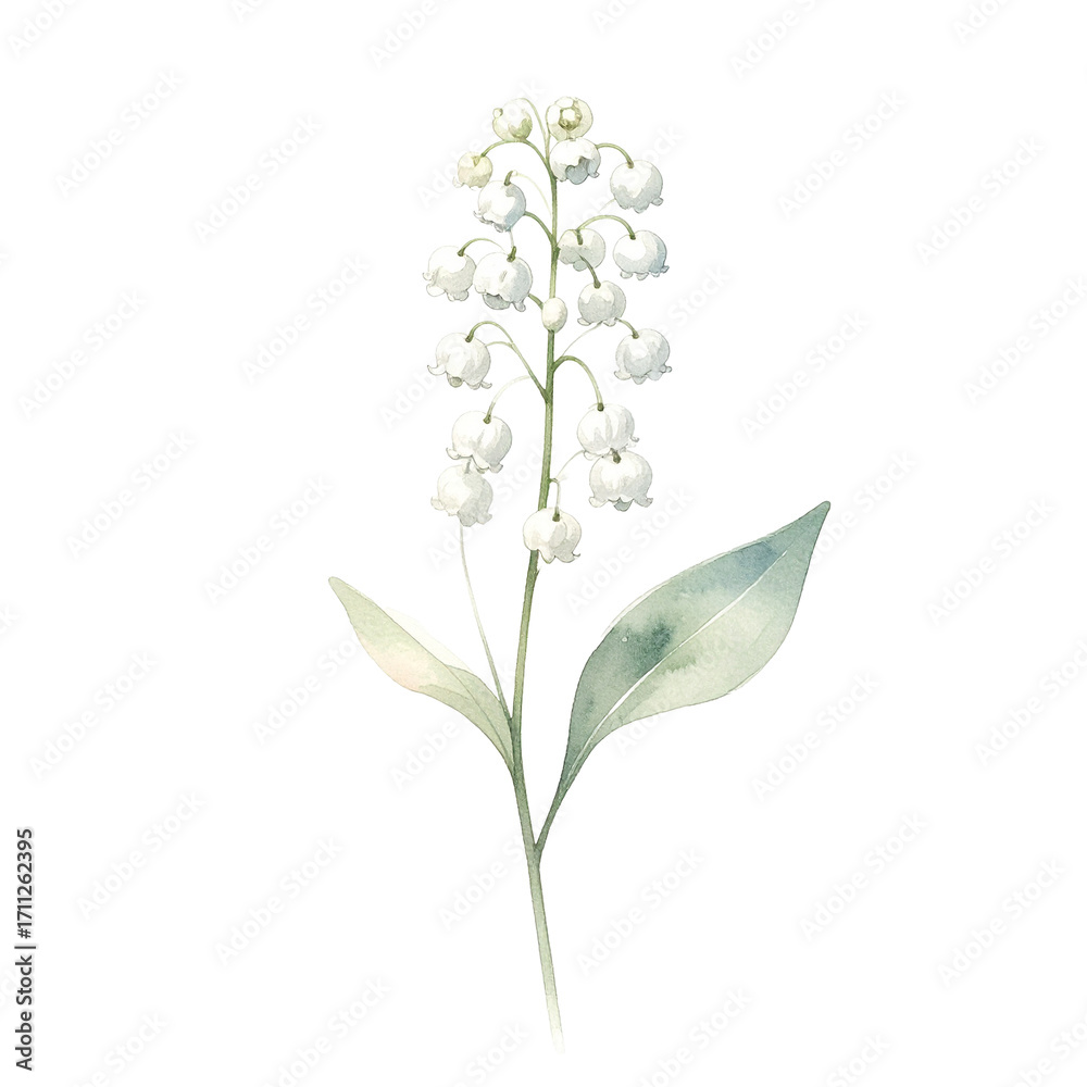 Obraz premium Lily of the Valley Watercolor Isolated On White Background: Delicate watercolor painting captures the elegant beauty of a Lily of the Valley bloom, showcasing its pure white bell-shaped flowers. 
