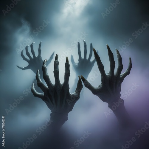 Eerie zombie hands reaching from the fog, perfect for Halloween nightmares or horror