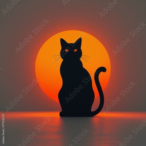 Mysterious black cat silhouette with glowing eyes against a vibrant sunset backdrop