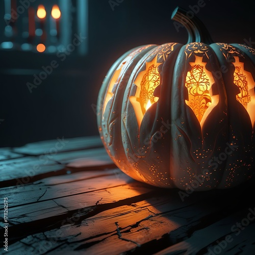 Elegant Halloween pumpkin with intricate carvings glowing warmly on rustic wood table