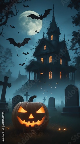 Eerie haunted house graveyard scene with full moon and bats for Halloween design