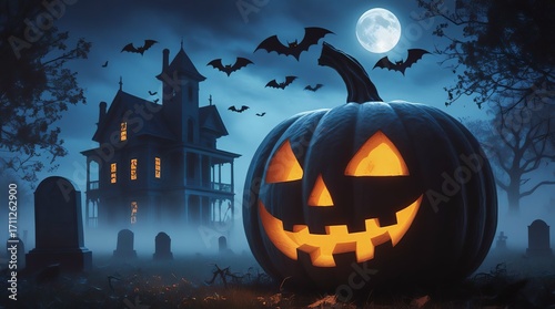Spooky Halloween night with glowing jack-o'-lantern, bats, and haunted mansion