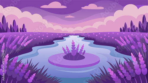 In the center of the lavender field sits a small pond its surface reflecting the endless blooms and adding to the serene ambiance.
