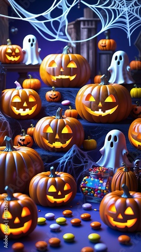 Spooky Halloween scene featuring glowing pumpkins and friendly ghosts decoration