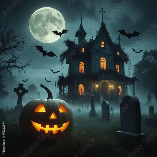 Spooky Halloween night with haunted house, glowing pumpkin, and bats flying around