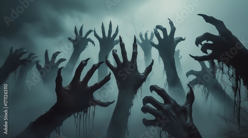 Eerie zombie hands reaching from the fog create a chilling atmosphere perfect for horror