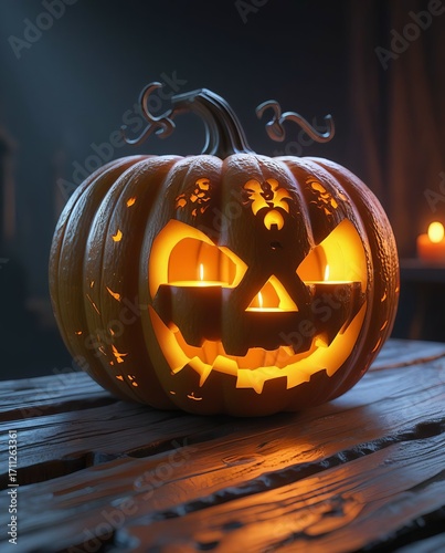Glowing jack-o'-lantern casting spooky shadows, creating a festive Halloween vibe
