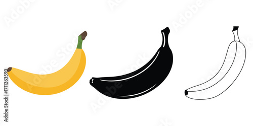 Three distinct banana illustrations showing a ripe yellow fruit a black silhouette and a line drawing