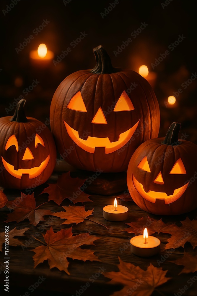 Fototapeta premium Spooky carved pumpkins and flickering candles cast a warm glow on Halloween night