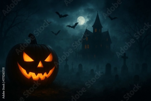 Spooky jack-o'-lantern glowing eerily in graveyard under the moonlight on Halloween