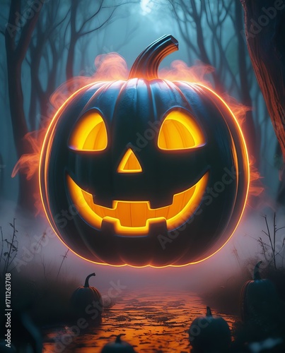 Spooky Halloween pumpkin glowing in misty forest landscape for eerie seasonal designs