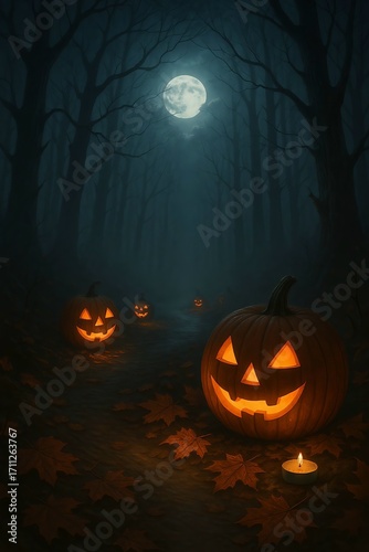 Eerie Halloween night with glowing pumpkins under a bright full moon in spooky woods