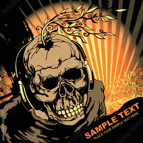Skull with Headphones and Branch Vector Illustration Grunge Style Orange and Black.