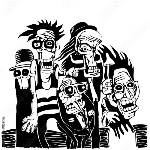 Group of Cartoonish Figures with Exaggerated Features and Expressions.