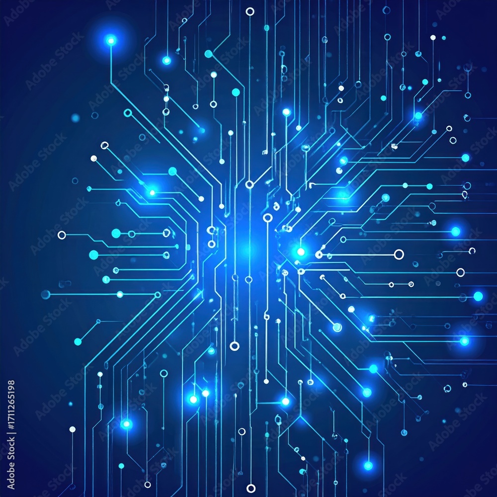 Fototapeta premium Digital abstract with glowing blue lines and node connections on a dark blue backdrop, evoking technology and intricate networks