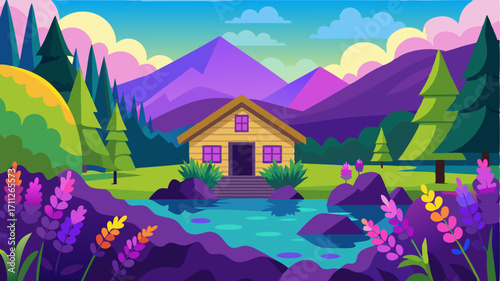 A secluded lakeside retreat nestled a a lush meadow of purple lupines pink clovers and yellow buttercups.