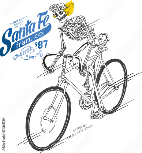 Skeleton Cyclist with Blonde Hair in Vintage Cycling Gear.