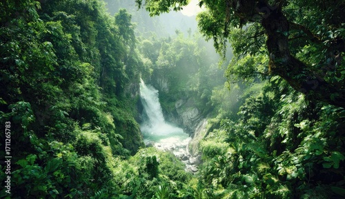 Lush rainforest waterfall framed by dense foliage