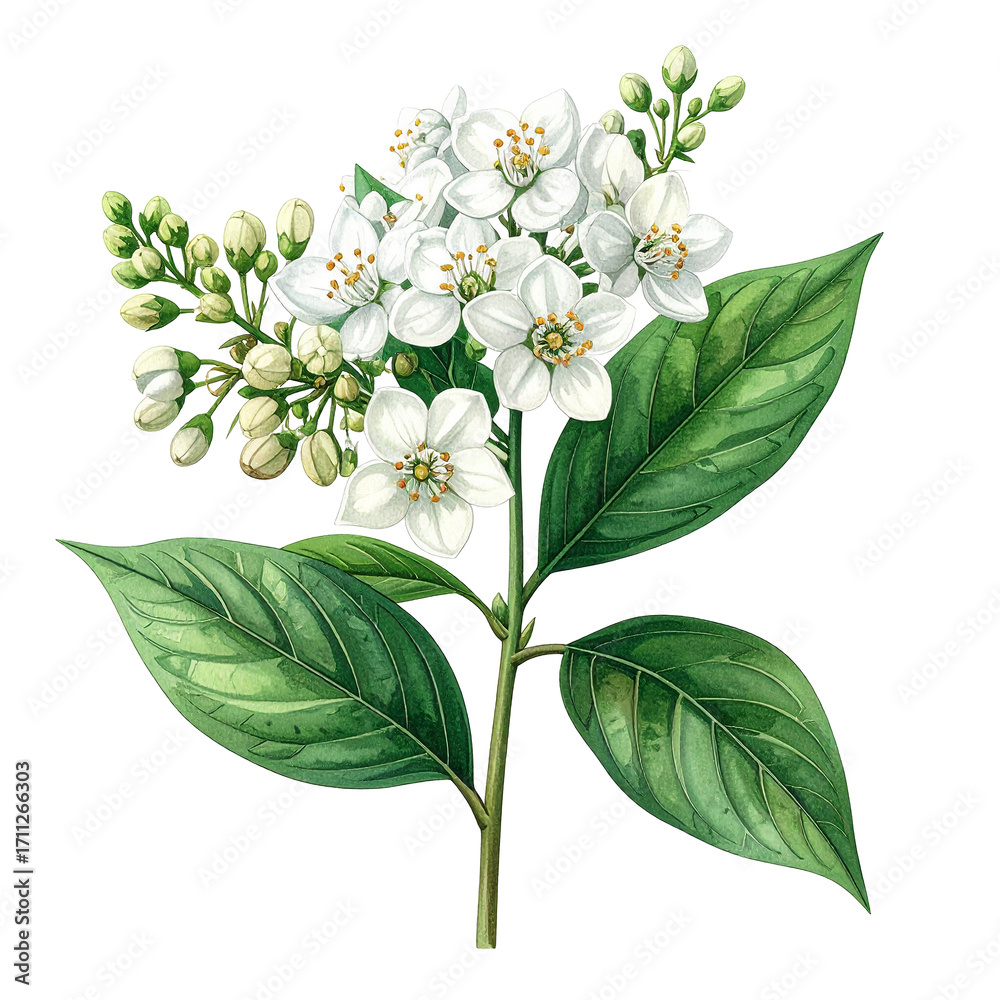 Obraz premium Blossom of the Mock Orange Isolated On White Background: Delicate watercolor artwork of a vibrant mock orange branch displaying clusters of pure white blossoms and verdant leaves.