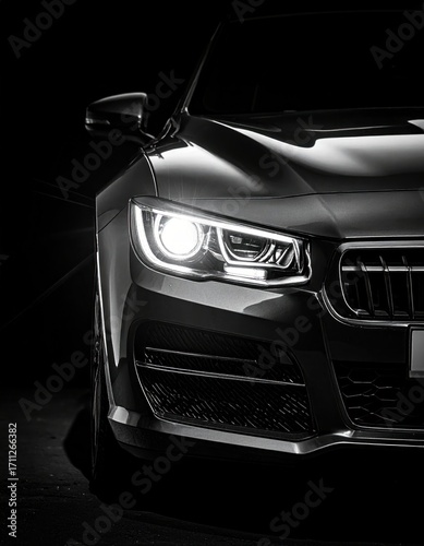 Dramatic black-and-white closeup of a car's front, with the headlight illuminated against a dark background, emphasizing its design