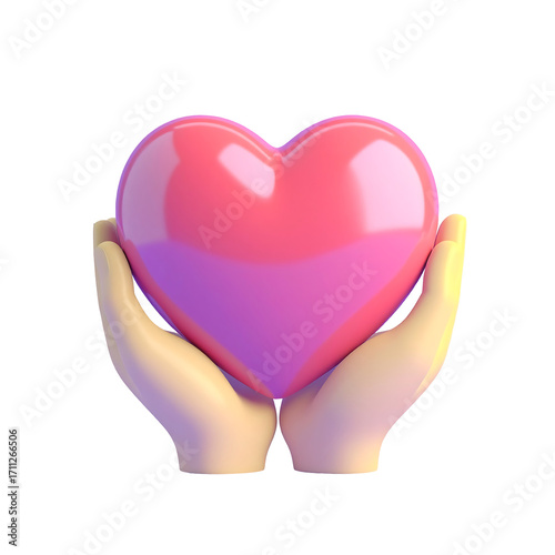 3D Cartoon Hands Holding a Shiny Red Heart on Transparent and White Background