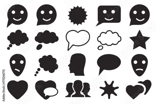Collection of black and white icons representing communication, emotions, and social interaction