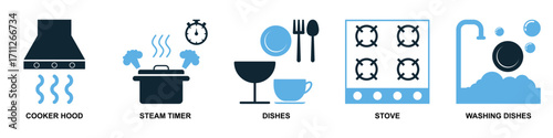 Set of cooking icon vector. Perfect for menus, food blogs, and kitchen themes. A versatile collection of simple, recognizable symbols representing various cooking activities and tools.