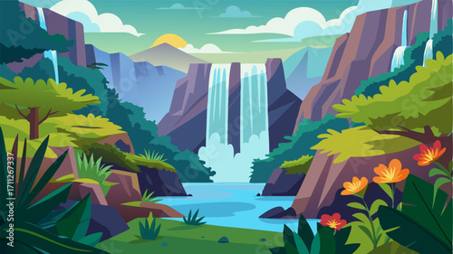Large majestic waterfalls cascade down from towering cliffs surrounded by tropical ferns and exotic flowers.