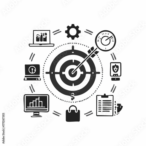 Marketing industry icons set. Potential client targeting, advertising business. Lead generation, product strategy, campaign planning metaphors. Vector isolated concept metaphor illustrations