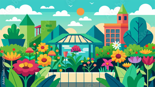 A vibrant rooftop garden blooming with a variety of vibrant flora.