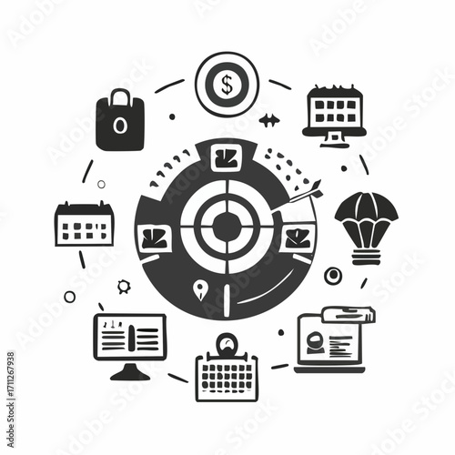 Marketing industry icons set. Potential client targeting, advertising business. Lead generation, product strategy, campaign planning metaphors. Vector isolated concept metaphor illustrations