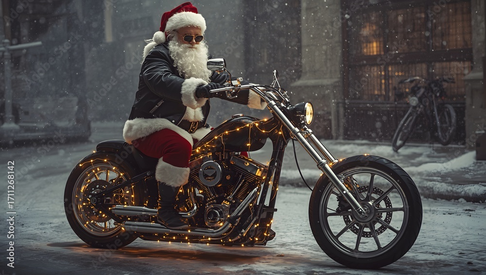 Fototapeta premium Santa Claus riding a decorated motorcycle during snowfall on a winter night