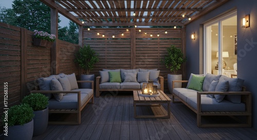 Relaxing terrace ambiance with wooden furniture, greenery, and soft lighting