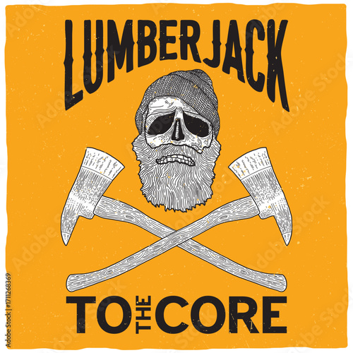 Illustrated Lumberjack Skull with Crossed Axes Wearing Beanie and Beard.