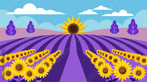 A the rows of lavender the occasional pop of a bright yellow sunflower adds a cheerful touch to the tranquil landscape.