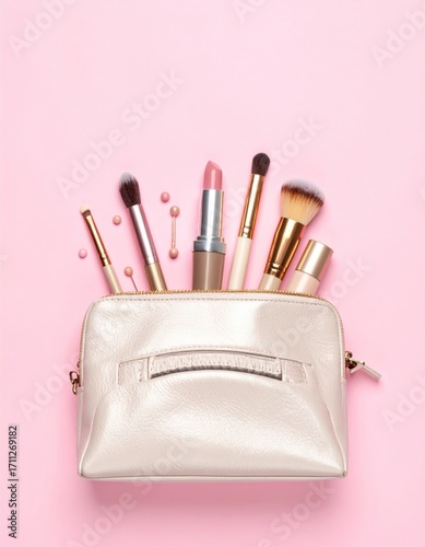 An elegant, open, cream-colored cosmetic bag with brushes and lipstick, on a soft pink background, showcasing beauty and elegance