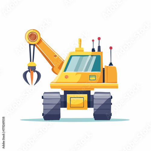 Advanced yellow robotic vehicle illustration featuring a sophisticated mechanical claw arm, perfect for tasks in exploration, construction, or manufacturing technology with a futuristic design concept