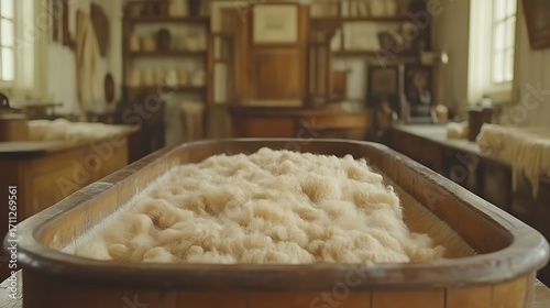 Beige wool fibers in a wooden trough in an old workshop