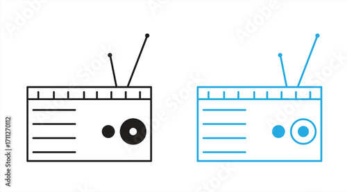 
Black and blue line radio icon with antenna and dial broadcasting audio, vector illustration