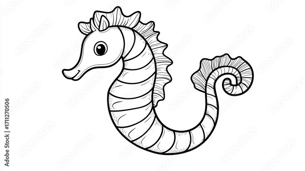 Fototapeta premium 7.A charming black-and-white drawing of a cartoon seahorse for a kids' coloring activity. The seahorse features a gently curved body, a delicate spiral tail, and small, round fins. Its face is