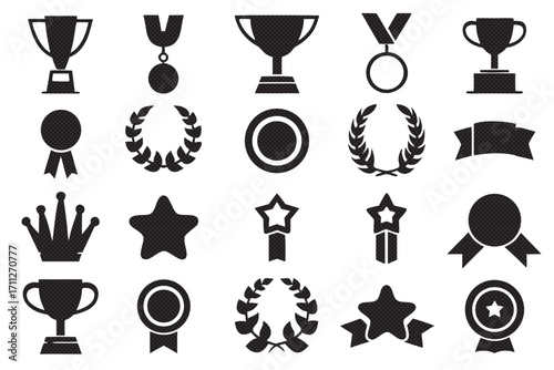 Trophy and award icons, featuring cups, medals, stars, and laurels in a simple black silhouette style